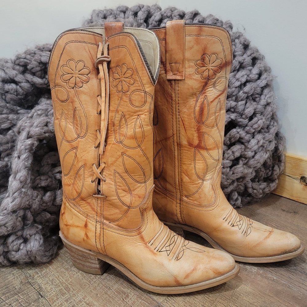 TEXAS Women's sz 6.5 M Leather cowboy boots Distressed Caramel